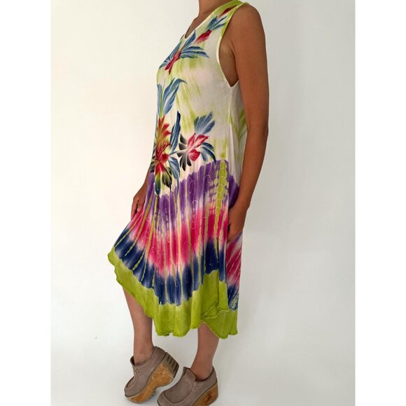 90s vintage floral tie dye hand painted boho beach flowy umbrella dress one size - Picture 3 of 9
